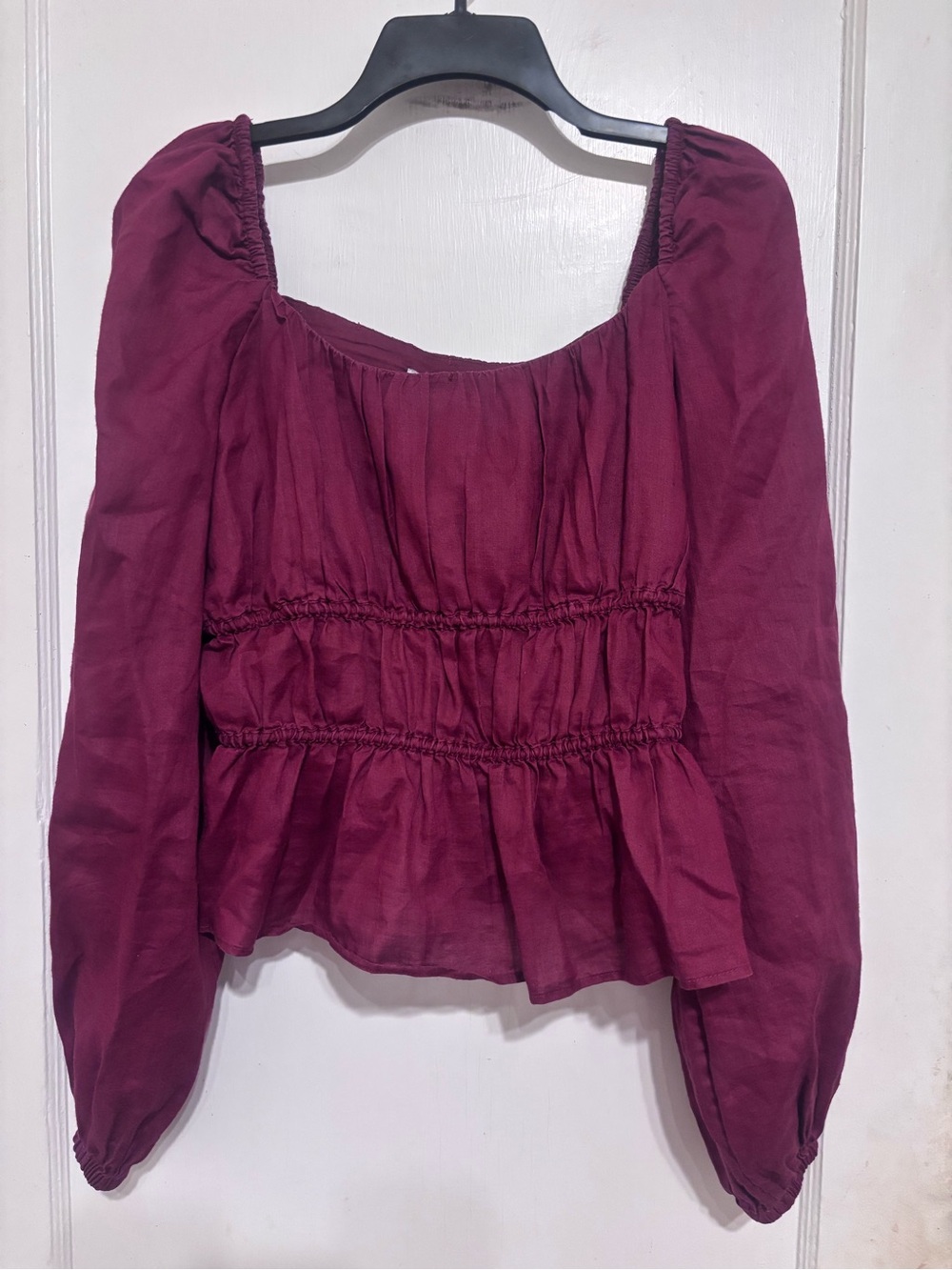 & Other Stories Burgundy Smocked Peplum Square Neck Blouse